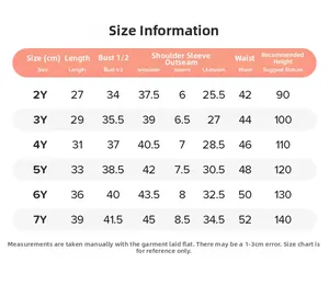 Size guide for girls cartoon summer clothing set featuring measurements for 2Y-7Y children