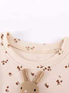 Toddler girl's floral ribbed knit dress featuring a 3D plush rabbit and mesh tutu skirt