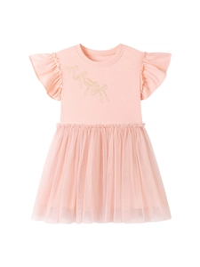 Girl's pink mesh tutu dress with flutter sleeves and golden butterfly embroidery
