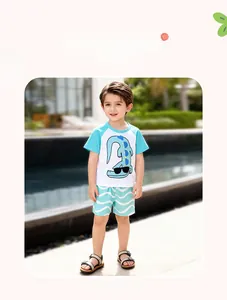 Detail of boys summer set featuring a cartoon crocodile print and raglan sleeves