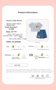 Tableau des tailles et détails du tissu pour ensemble rayé fille avec short bleu