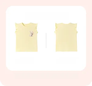 Front and back view of girls yellow sleeveless cotton tee with cute rabbit and ruffle sleeves