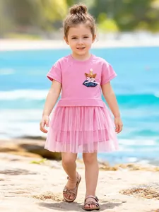 Robe Tutu en Maille Patchwork à Manches Courtes pour Filles Robe de Princesse Brodée Renard de Dessin Animé Rose Été