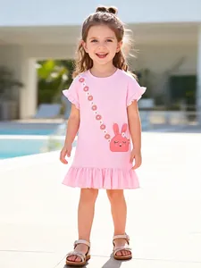 Robe en Coton Rose pour Filles Applique de Lapin Mignon Ourlet à Volants Manches Courtes Robe d'Été Décontractée Enfant