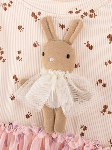 Cute girl's floral ribbed dress with 3D bunny patch and layered mesh tutu skirt