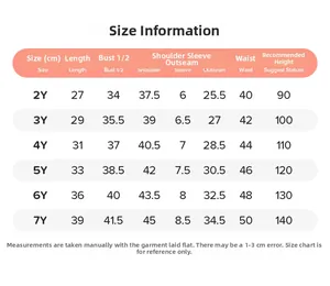 Guide des tailles pour ensemble rayé fille avec mesures détaillées de 2 à 7 ans