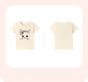 Detailed close-up of a cotton girl's t-shirt featuring a cute floral cat print on cream fabric