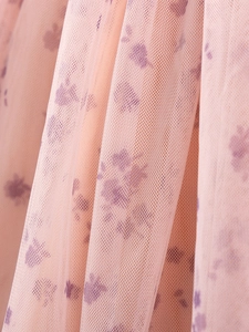 Pink tulle mesh dress for girls featuring delicate light purple floral patterns