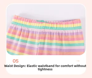 Close-up of elastic waistband on colorful striped cotton kids trousers with soft texture