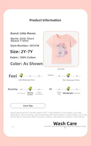 Detail of 100% cotton pink girls t-shirt featuring a floral cat applique and soft texture