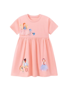 Robe rose à manches courtes pour fille en coton avec fées et jupon en tulle 3D appliqué