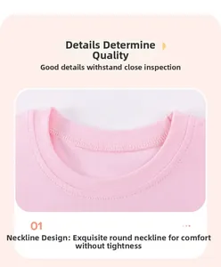 Close-up of the delicate round neckline on a pink cotton knit summer outfit for girls