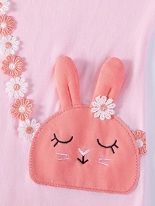 Robe rose en coton pour fille avec applique lapin et broderies florales en dentelle 3D