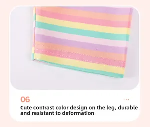 Detail of colorful rainbow striped kids leggings featuring durable double-stitch cuffs