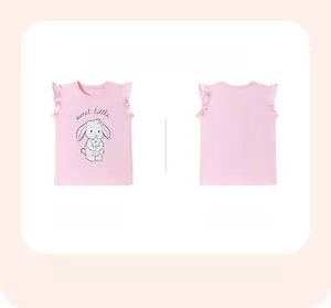 Front and back view of girls' pink cotton tee with rabbit print and ruffle sleeves