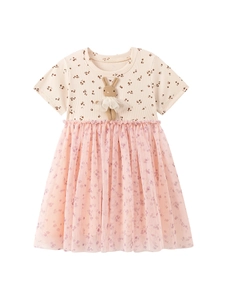 Cute short sleeve toddler girls floral dress with pink tulle skirt and plush bunny