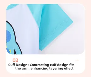 Detail of raglan sleeve cuffs with blue piping on boys' white cotton t-shirt set