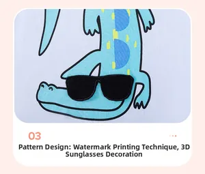 Detail of cartoon crocodile print with 3D glasses applique on kids cotton T-shirt