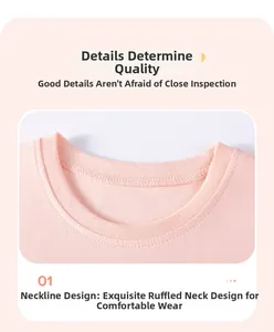 Detail of soft pink cotton T-shirt featuring a durable ribbed crew neck and neat stitching