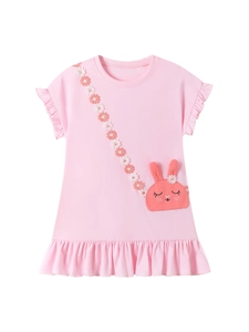 Robe fille rose en coton à manches courtes avec appliqué lapin et détails volantés