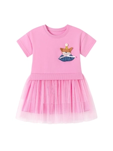 Robe rose pour filles avec applique renard mignonne et jupe en tulle multicouche