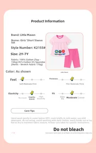 Guía de tallas y detalles del material para conjunto de camiseta de algodón rosa