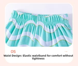 Detailed view of elastic waistband on green and white wave patterned shorts