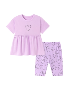 Ensemble d'été lavande pour filles avec t-shirt cœur et legging à volants assorti