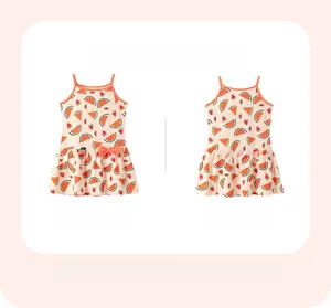 Front and back detail of a girls watermelon print summer dress with orange waist bow