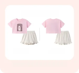 Toddler girl summer cotton set with pink rabbit T-shirt and ruffled shorts front back view
