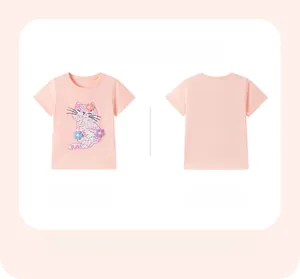 Front and back view of girls pink cotton T-shirt with cute floral cat embroidery detail