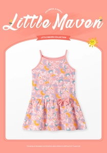 Detail of pink floral summer dress for girls featuring a cute bow and cotton fabric