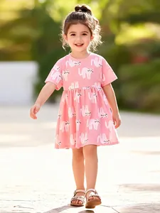 Robe d'Été Filles Little Maven 100% Coton Manches Courtes Imprimé Chat Mignon Rose Respirant Jupe Enfant