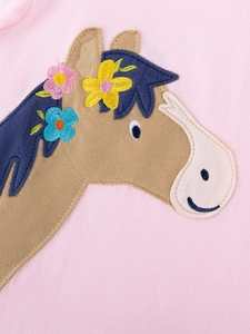 Pink cotton girls set featuring detailed cartoon horse embroidery and floral appliqué