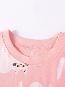 Robe d'été rose en coton pour filles avec imprimé chat blanc et col rond côtelé