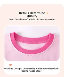 Detalle del cuello redondo en contraste de la camiseta de algodón rosa para niñas con costuras