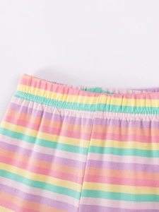 Toddler girl two-piece set featuring colorful striped elastic waist pants in soft cotton knit