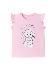 Pink cotton girls' t-shirt with ruffle sleeves and sweet rabbit print on white background
