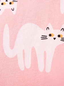 Robe fille en tricot de coton rose avec motif imprimé de chats de dessin animé blancs