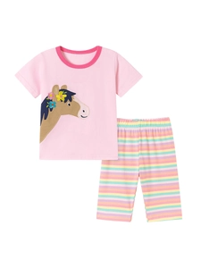 Pink girls' summer pajama set with floral horse embroidery and rainbow striped shorts