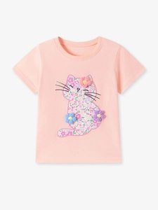 Short sleeve light pink girls' cotton t-shirt featuring floral cat and 3D flower accents