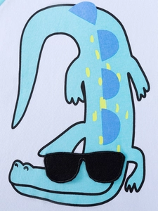 Boys summer cotton T-shirt set with casual light blue cartoon crocodile print detail