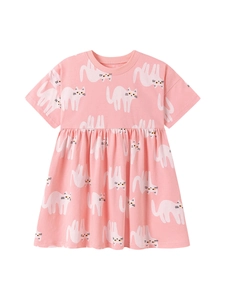 Robe rose en coton pour filles à manches courtes avec imprimé de motifs chats blancs