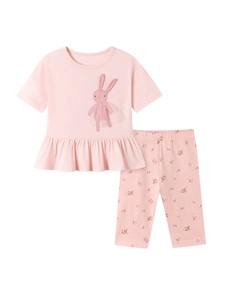 Completo rosa da bambina con applique di coniglio 3D e pantaloni a fiori estivi