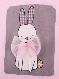 Pink girls' summer outfit featuring a white rabbit print with a 3D lace bow and floral tail