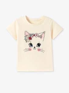 Cream cotton kids T-shirt featuring cute cat and flower print for girls