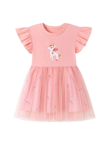 Abito in tulle rosa da bambina a maniche corte con simpatica stampa unicorno