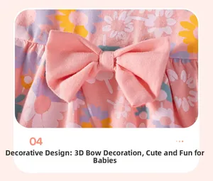Detail of baby girl floral dress featuring a large pink 3D bow and soft cotton fabric