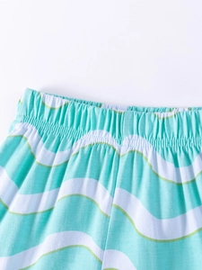 Kids short sleeve set featuring mint green and white wave pattern with elastic waist
