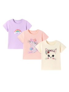 Three-pack cotton girls' T-shirts featuring cute cat and 3D rainbow appliques